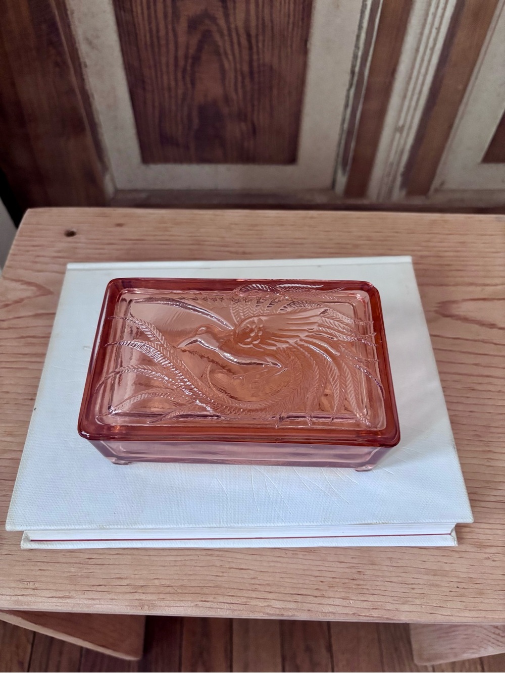 Pink Depression Indiana Glass trinket box with Bird of Paradise Embossed